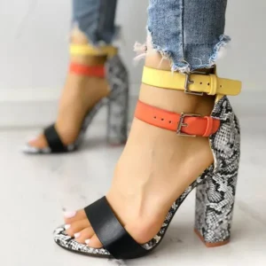 Women Contrast Color Snakeskin Buckled Chunky Heeled Sandals