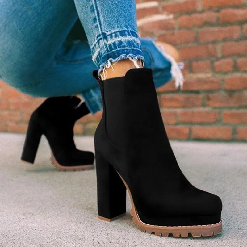 Women Elastic Panel Slip On Chunky Heel Ankle Booties