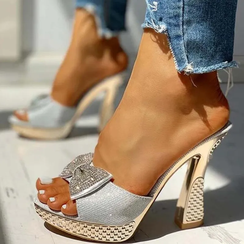 Sequined Open Toe Bow Tie Heels - Image 4