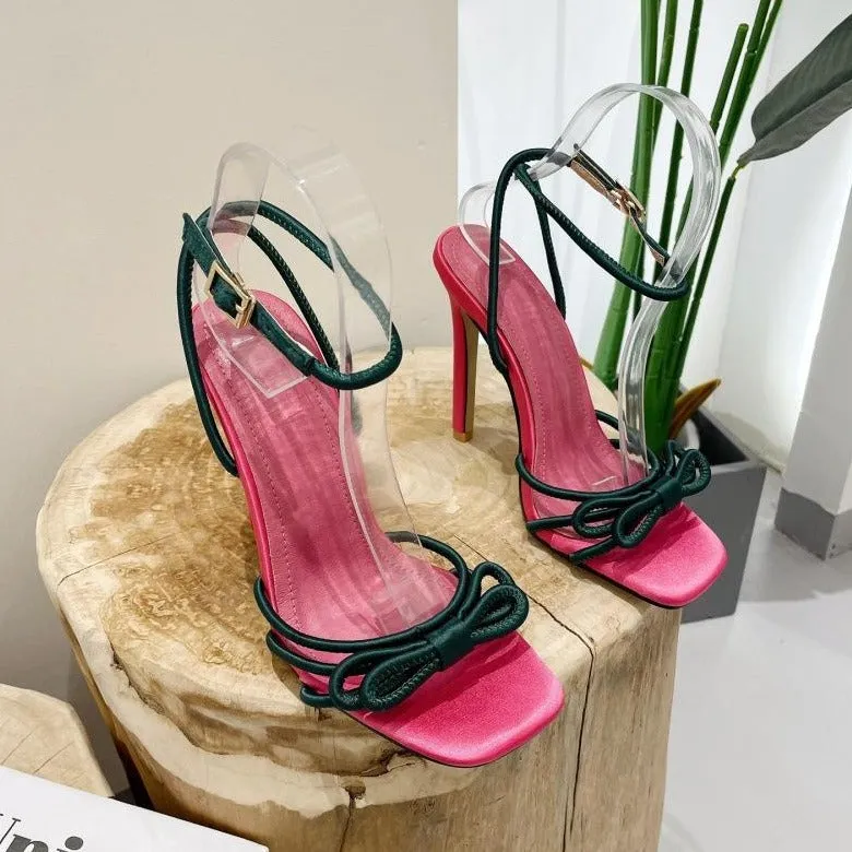Bow High Heel Color Blocking Sandals - Image 2