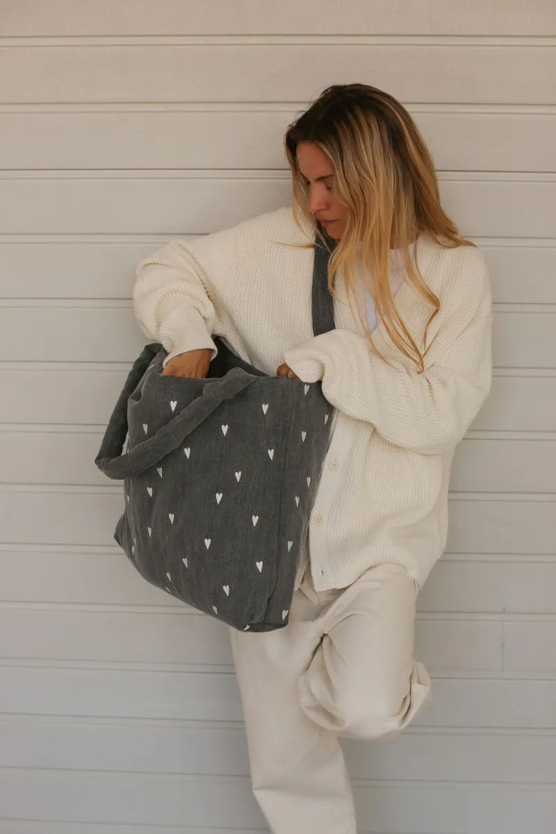 Denim Mom Bag | Grey Hearts - Image 2