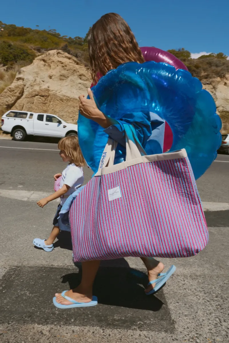 Poplin Striped Beach Bag | Raspberry - Image 3